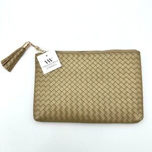 Virginia Wolf Pouch Metallic Gold Mimi Woven Faux Leather Clutch Tassel Chain